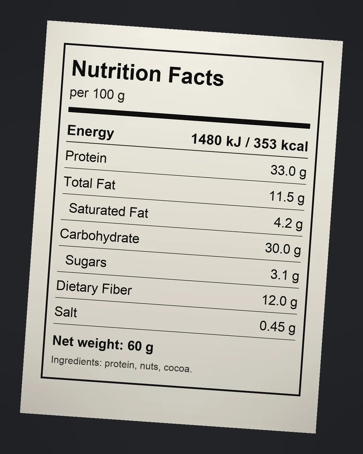 Nutrition facts label