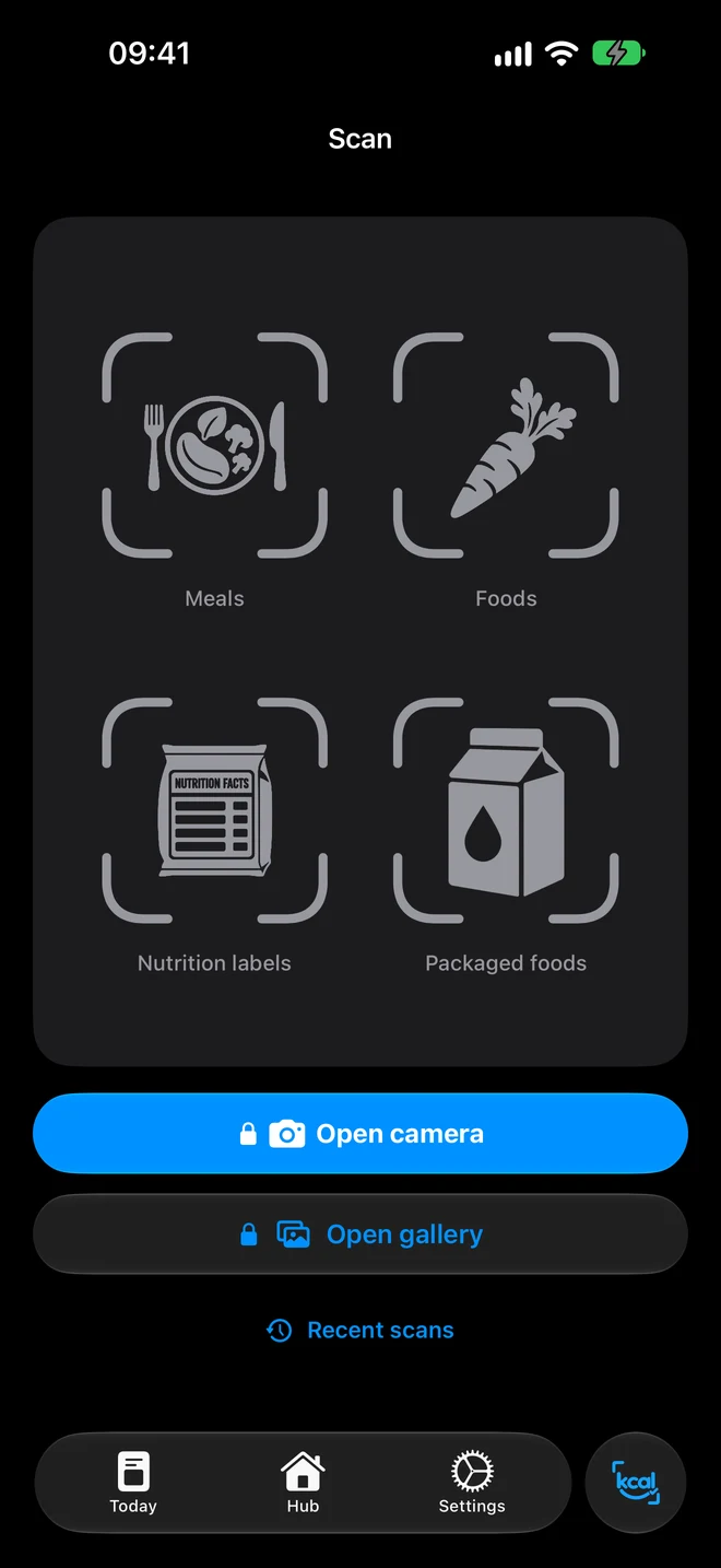 Scan screen: dishes, products, nutrition labels, packaged food