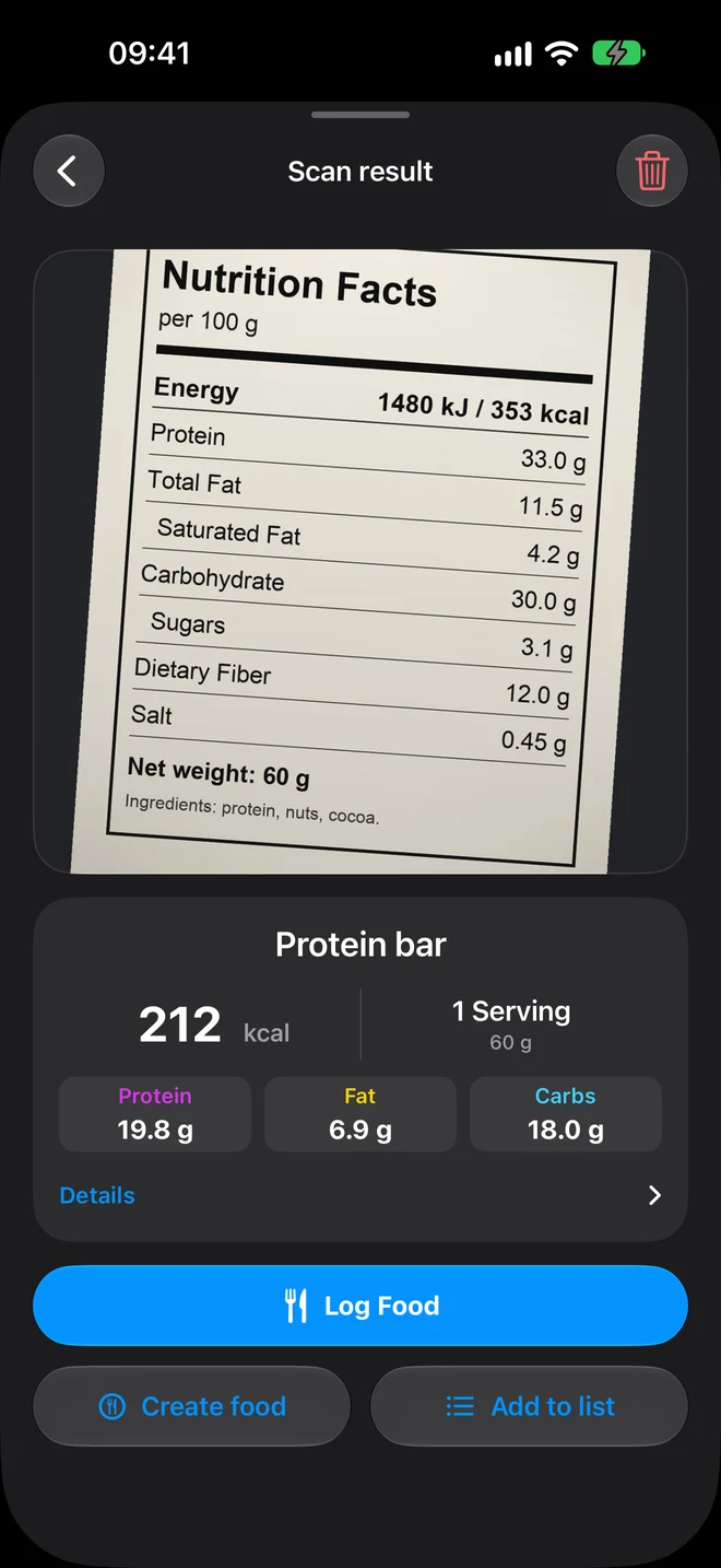 Label scan result: protein bar, 212 kcal