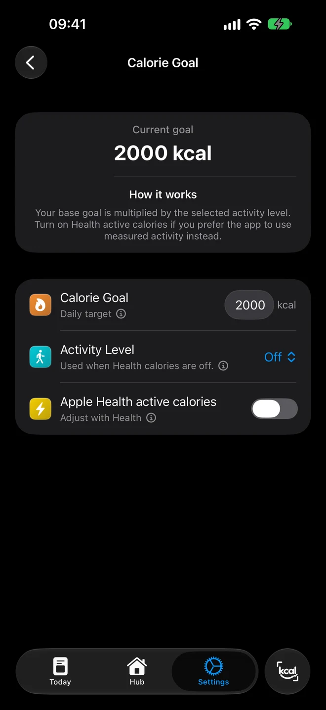 Calorie goal settings: 2,000 kcal, activity level, Apple Health active calories
