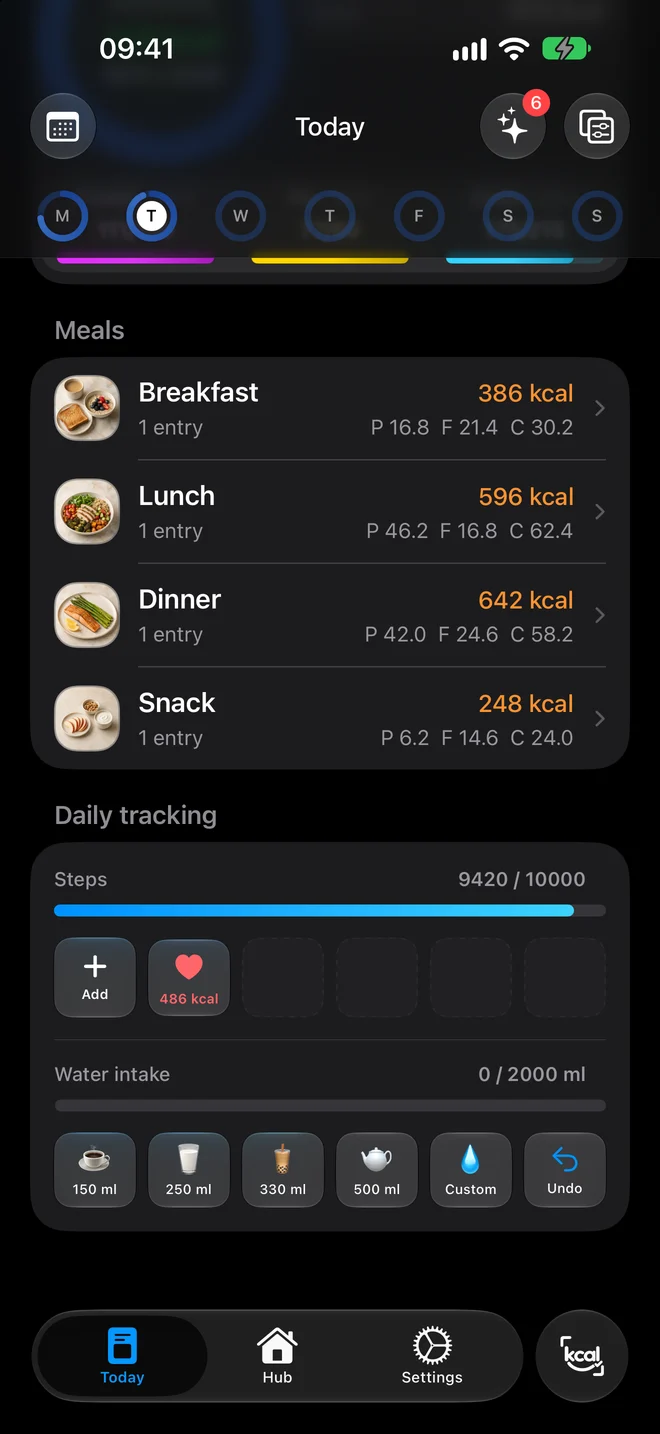 Lower part of the Today screen: steps, activity, water