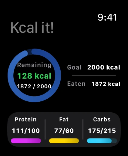 Kcal it! on Apple Watch: 128 kcal left and macros